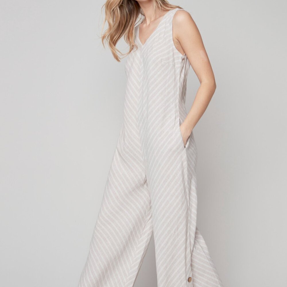 Charlie B Chevron Striped Wide Leg Jumpsuit Linen Blend w/Pockets NWT